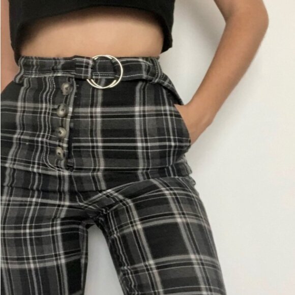 Topshop 6 Gray Plaid High-Rise Button-Fly Cropped Flannel Trouser - Picture 1 of 5
